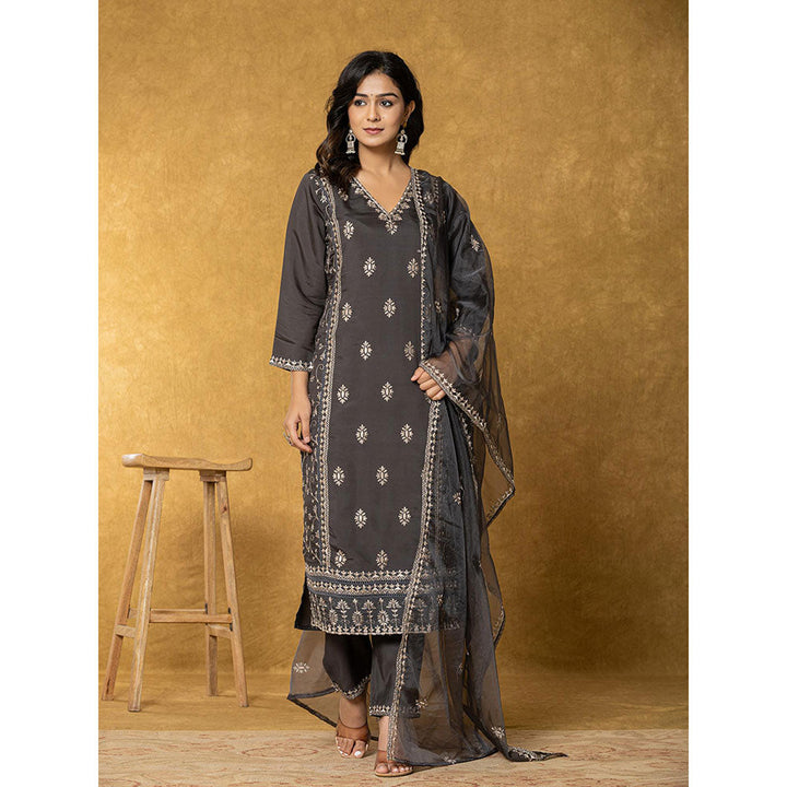 Yufta Grey Silk Kurta with Dupatta and Pant (Set of 3)