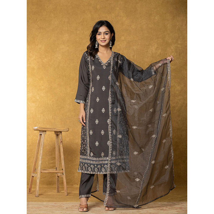 Yufta Grey Silk Kurta with Dupatta and Pant (Set of 3)