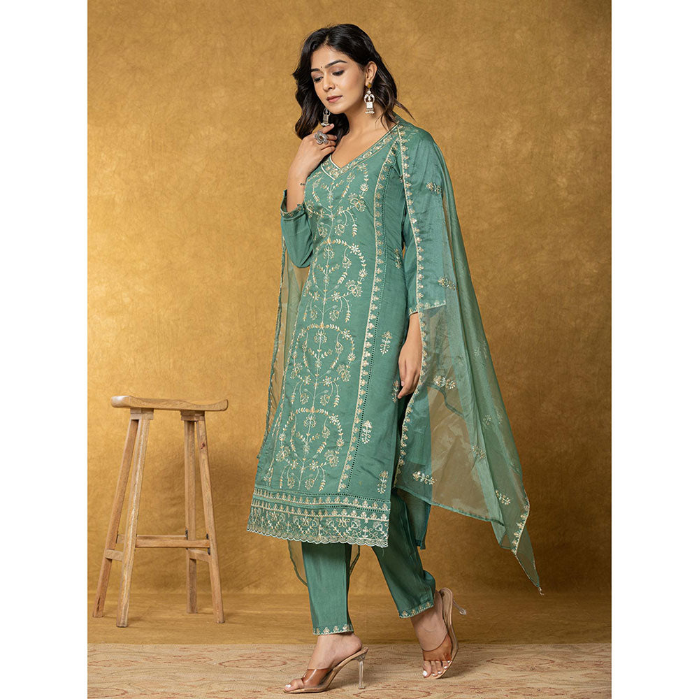 Yufta Green Thread Work Silk Blend Straight Kurta with Dupatta and Pant (Set of 3)