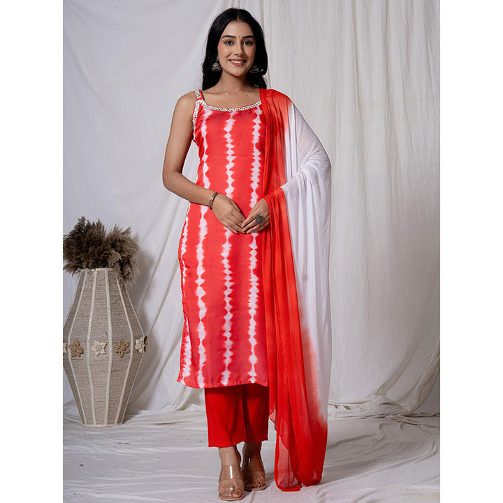 Yufta Tie & Dye Red Silk Kurta with Dupatta and Pant (Set of 3)