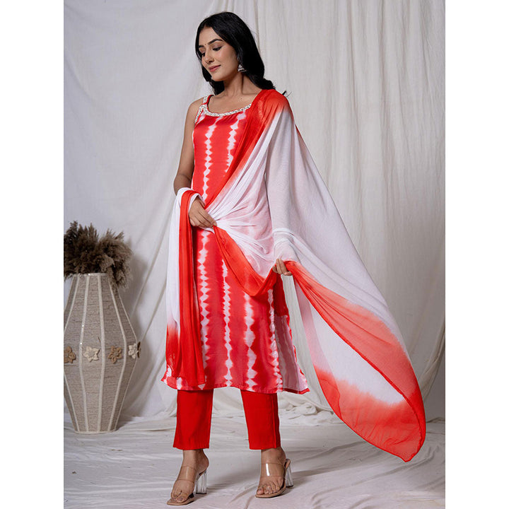 Yufta Tie & Dye Red Silk Kurta with Dupatta and Pant (Set of 3)