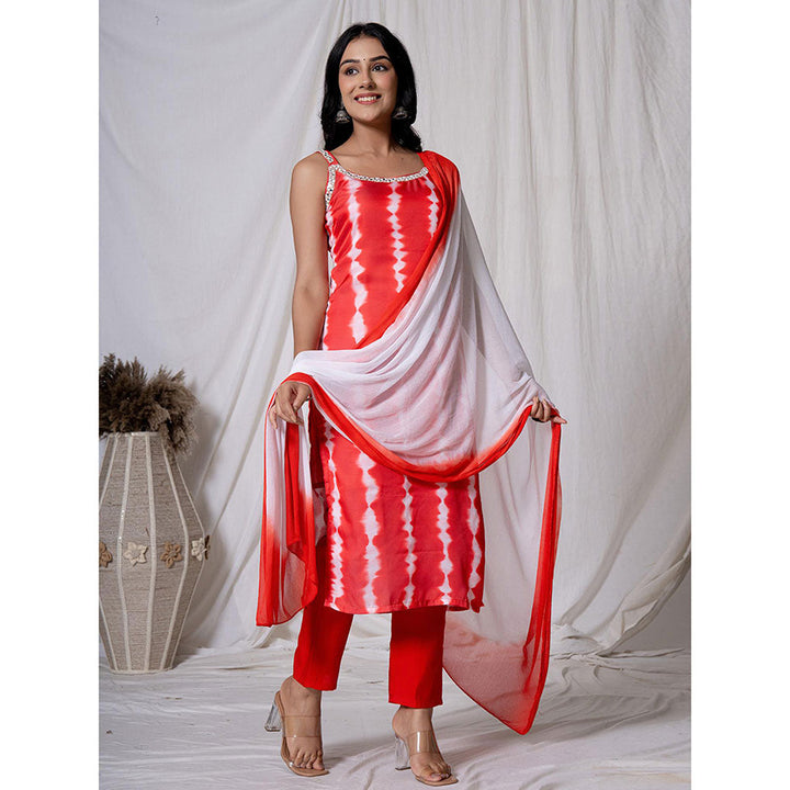 Yufta Tie & Dye Red Silk Kurta with Dupatta and Pant (Set of 3)