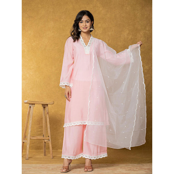 Yufta Peach Silk Cotton Lining Kurta with Palazzo and Dupatta (Set of 3)