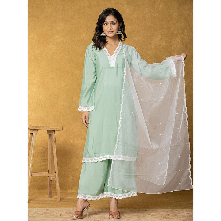 Yufta Sea Green Silk Cotton Lining Kurta with Palazzo and Dupatta (Set of 3)