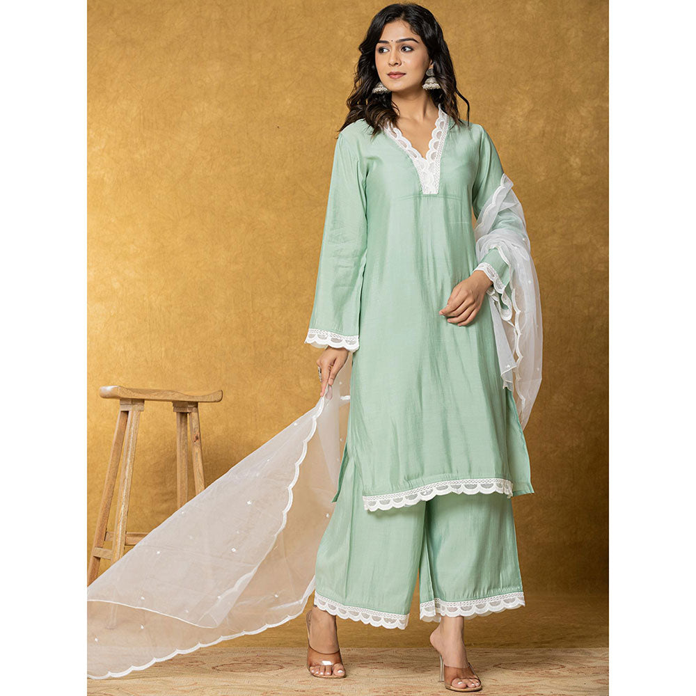 Yufta Sea Green Silk Cotton Lining Kurta with Palazzo and Dupatta (Set of 3)