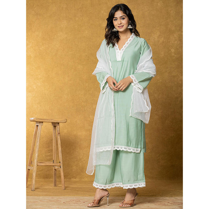 Yufta Sea Green Silk Cotton Lining Kurta with Palazzo and Dupatta (Set of 3)