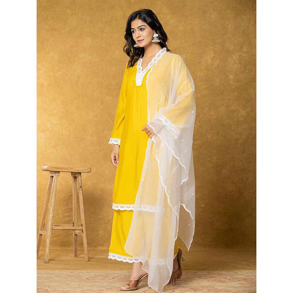 Yufta Mustard Silk Cotton Lining Kurta with Palazzo and Dupatta (Set of 3)