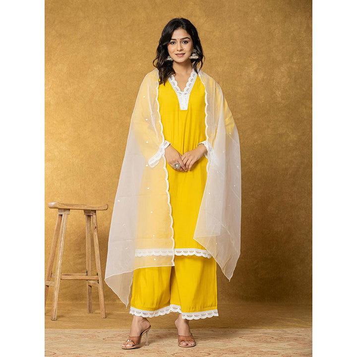 Yufta Mustard Silk Cotton Lining Kurta with Palazzo and Dupatta (Set of 3)