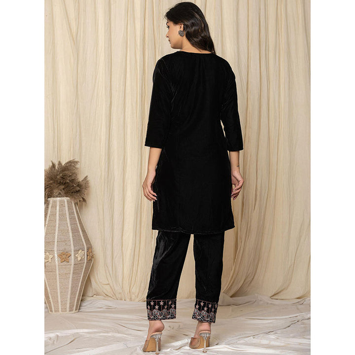 Yufta Black Embroidered Velvet Kurta and Pant (Set of 2)