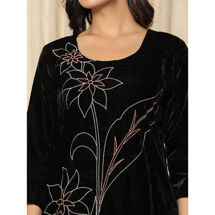 Yufta Black Embroidered Velvet Kurta and Pant (Set of 2)