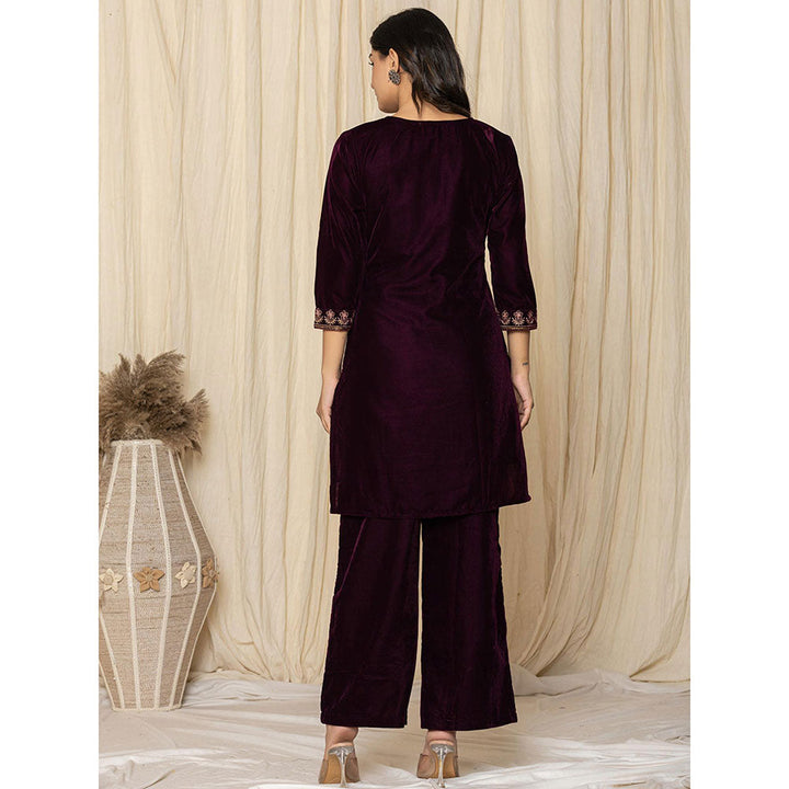 Yufta Purple Zari Work Velvet Kurta and Palazzo (Set of 2)