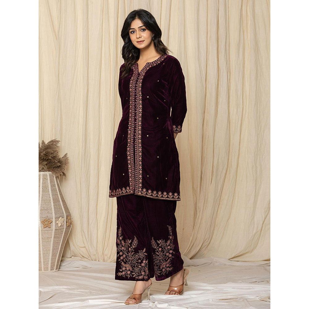 Yufta Purple Zari Work Velvet Kurta and Palazzo (Set of 2)