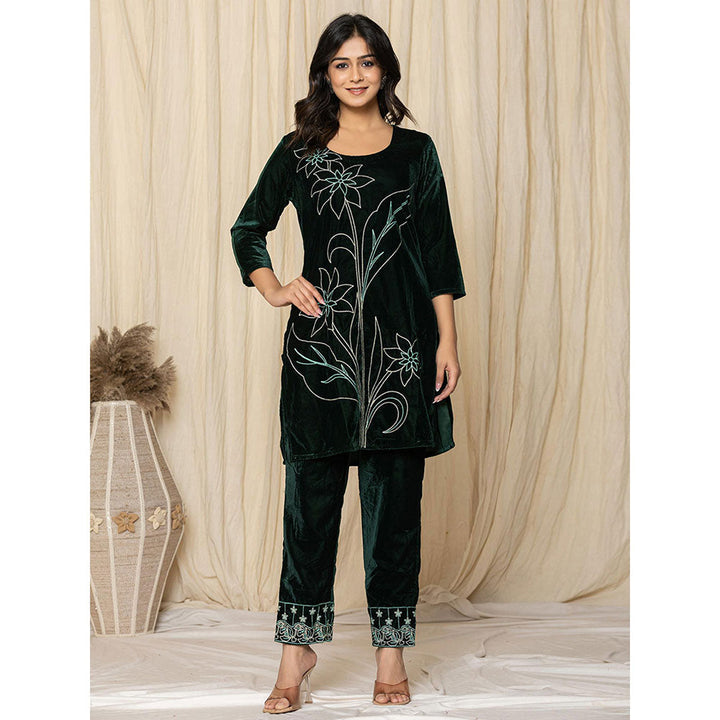 Yufta Green Embroidered Velvet Kurta and Pant (Set of 2)