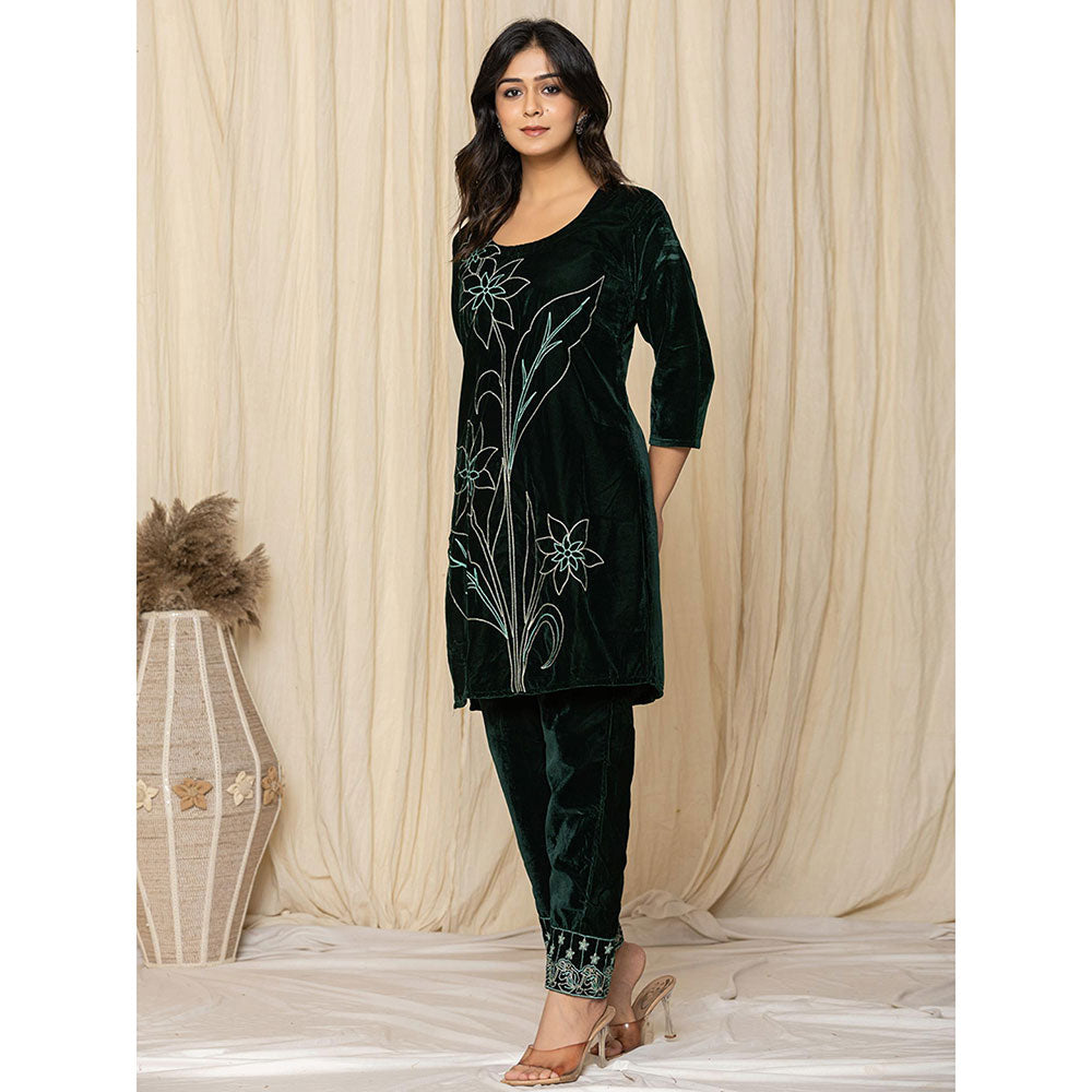 Yufta Green Embroidered Velvet Kurta and Pant (Set of 2)