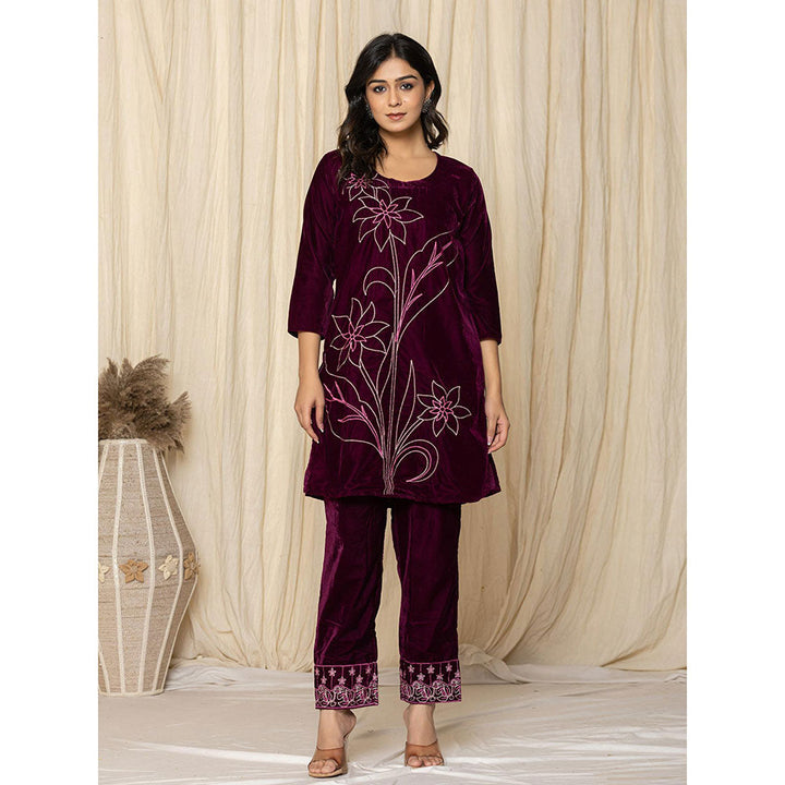 Yufta Purple Embroidered Velvet Kurta and Pant (Set of 2)