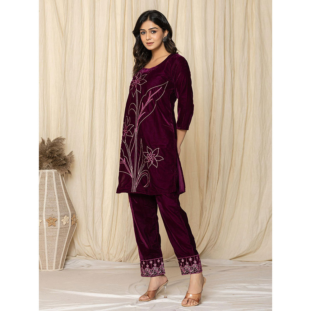 Yufta Purple Embroidered Velvet Kurta and Pant (Set of 2)