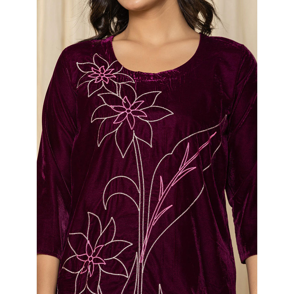 Yufta Purple Embroidered Velvet Kurta and Pant (Set of 2)