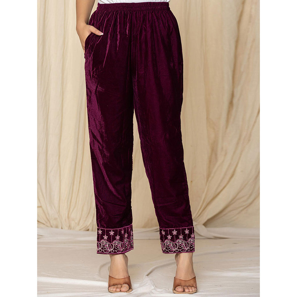 Yufta Purple Embroidered Velvet Kurta and Pant (Set of 2)