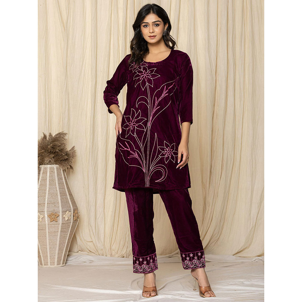 Yufta Purple Embroidered Velvet Kurta and Pant (Set of 2)