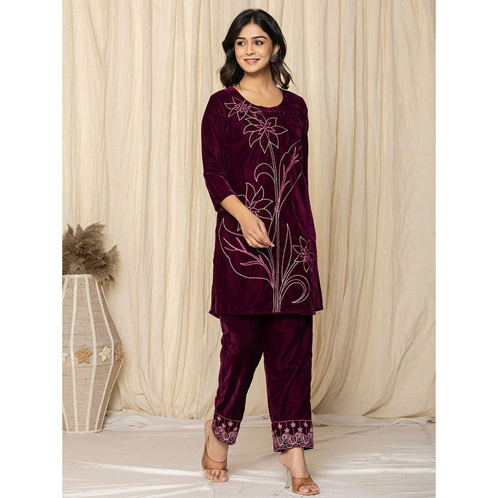 Yufta Purple Embroidered Velvet Kurta and Pant (Set of 2)