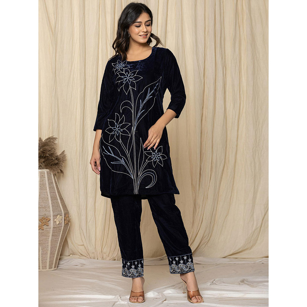 Yufta Blue Embroidered Velvet Kurta and Pant (Set of 2)