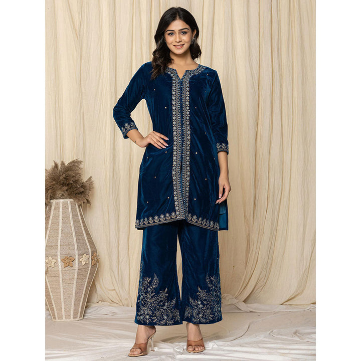 Yufta Blue Velvet Kurta and Palazzo (Set of 2)