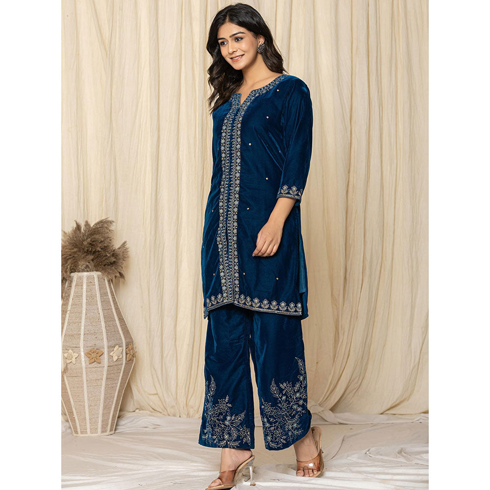 Yufta Blue Velvet Kurta and Palazzo (Set of 2)