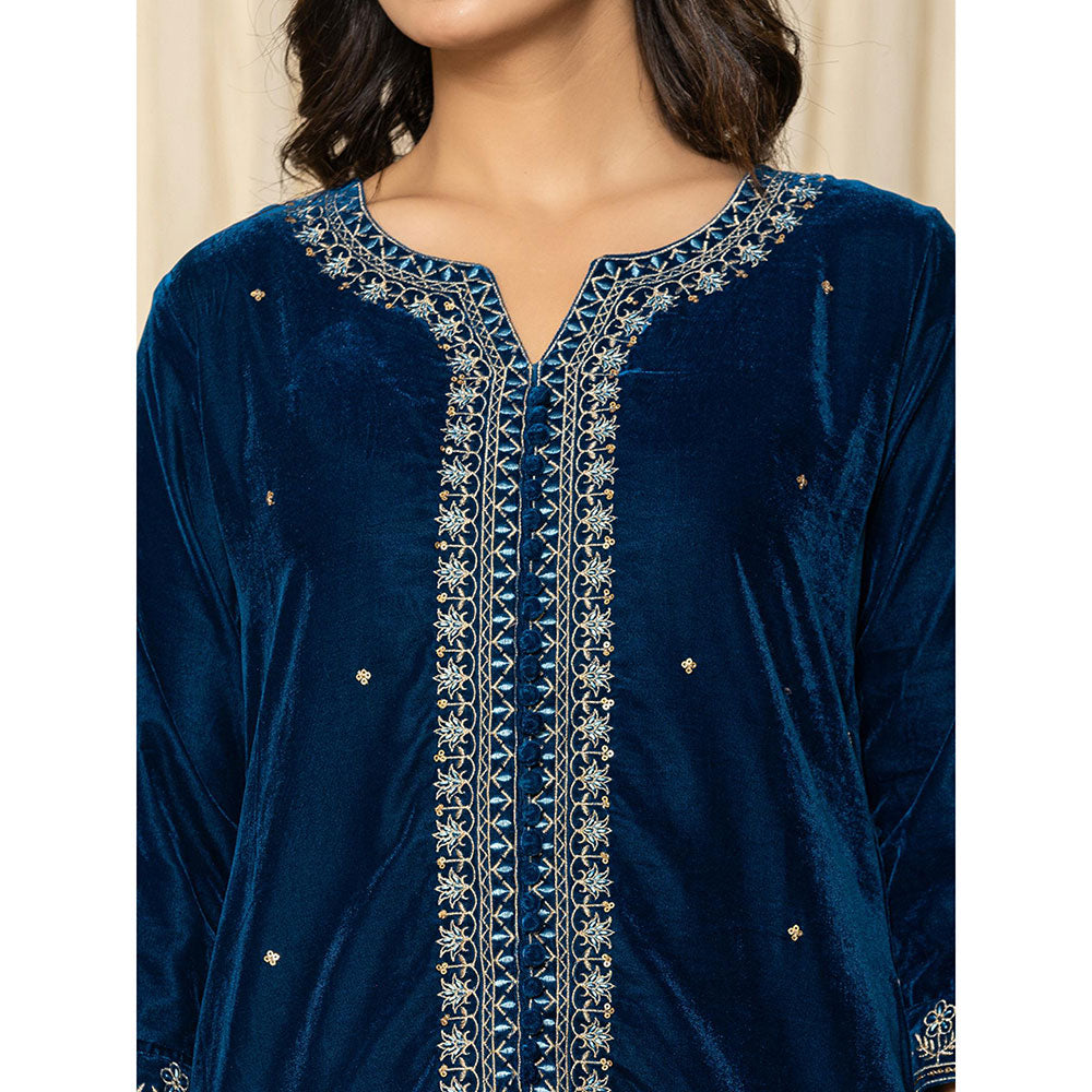 Yufta Blue Velvet Kurta and Palazzo (Set of 2)