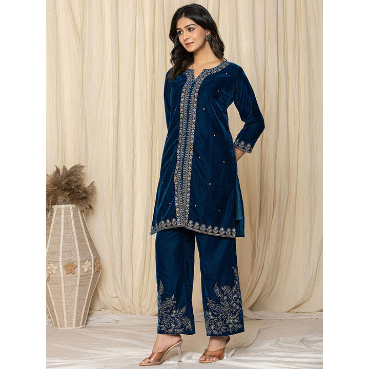 Yufta Blue Velvet Kurta and Palazzo (Set of 2)