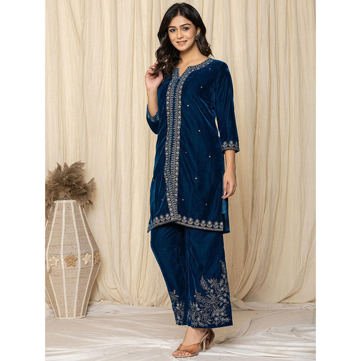 Yufta Blue Velvet Kurta and Palazzo (Set of 2)