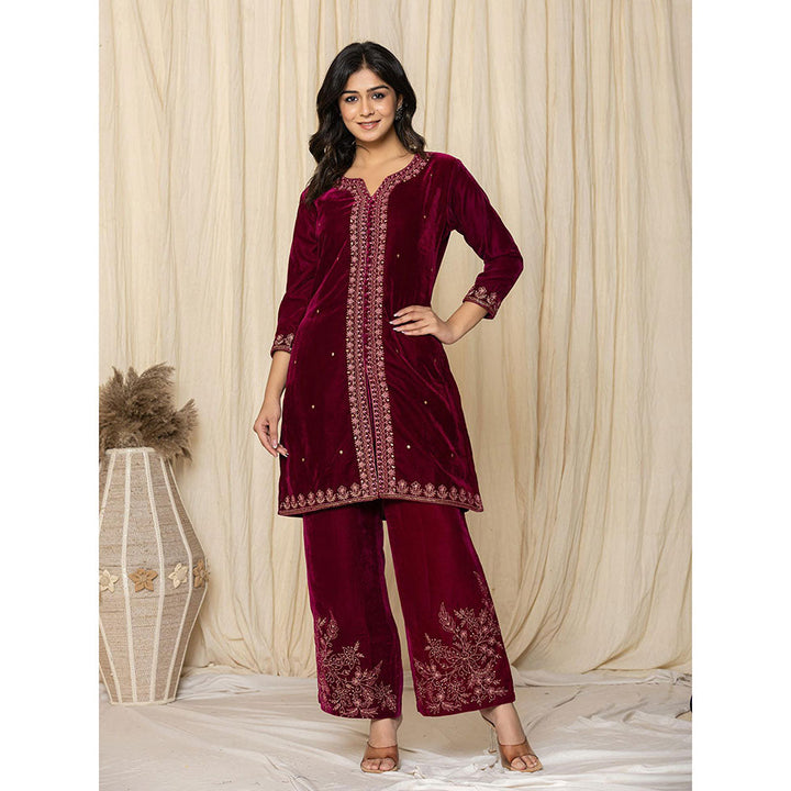 Yufta Marron Velvet Kurta and Palazzo (Set of 2)