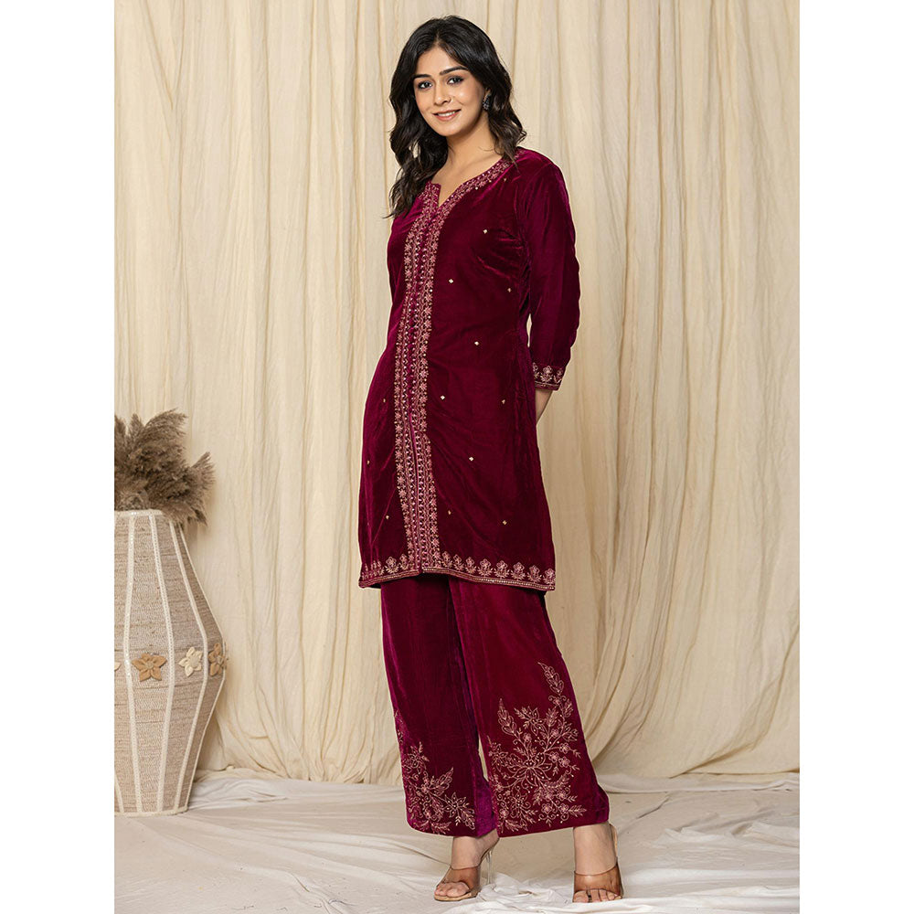 Yufta Marron Velvet Kurta and Palazzo (Set of 2)