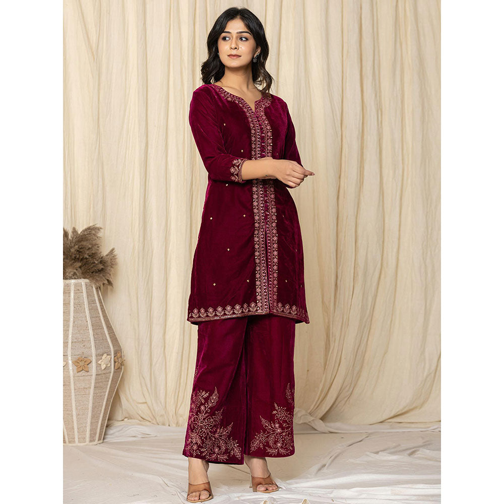 Yufta Marron Velvet Kurta and Palazzo (Set of 2)