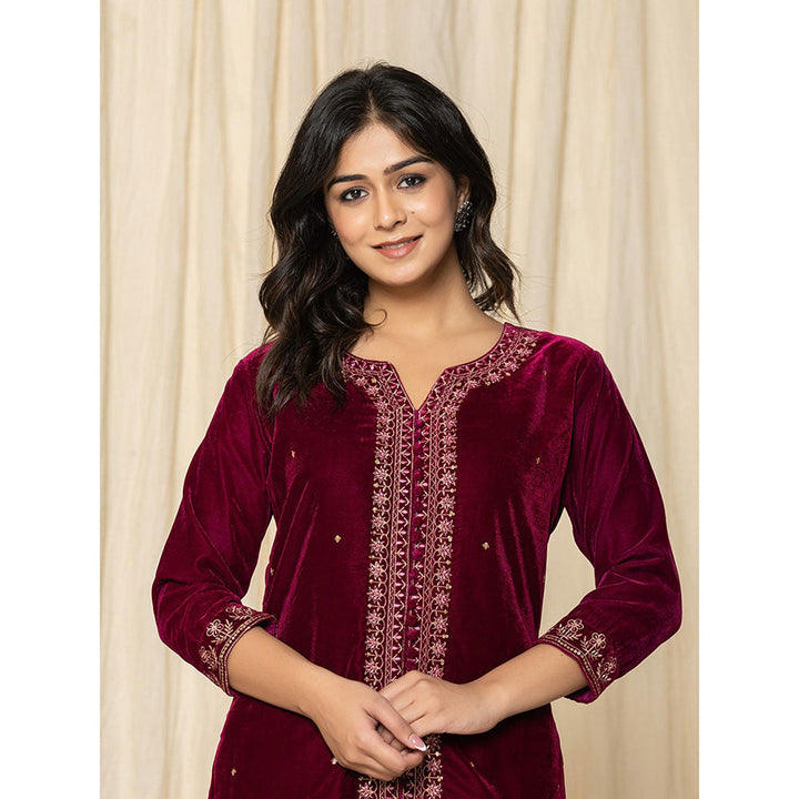 Yufta Marron Velvet Kurta and Palazzo (Set of 2)