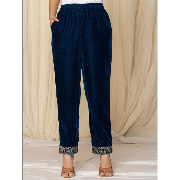 Yufta Blue Velvet Embellished Kurta and Pant (Set of 2)