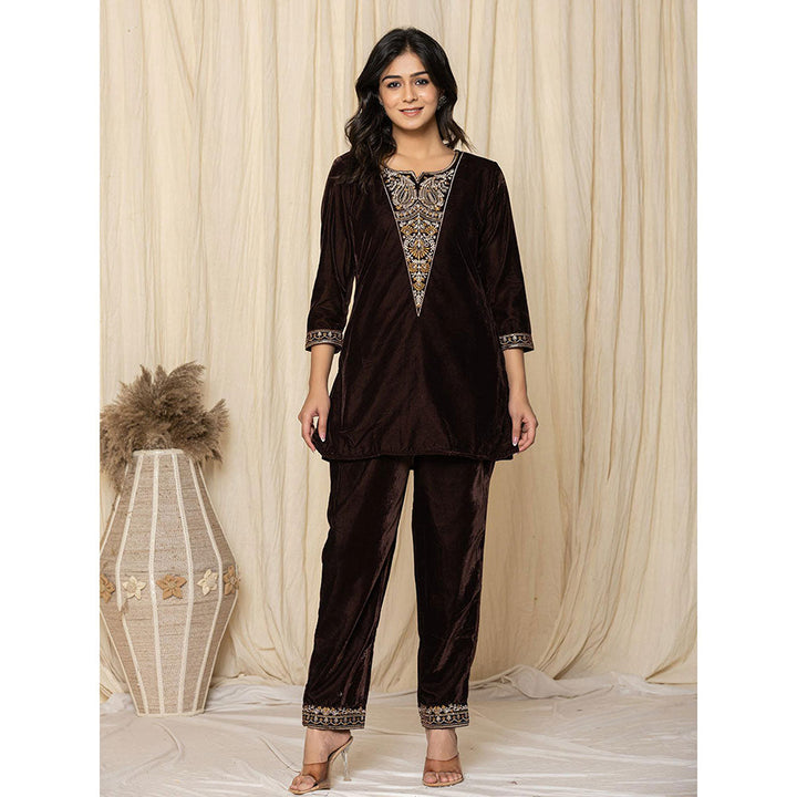 Yufta Coffee Brown Velvet Embellished Kurta and Pant (Set of 2)