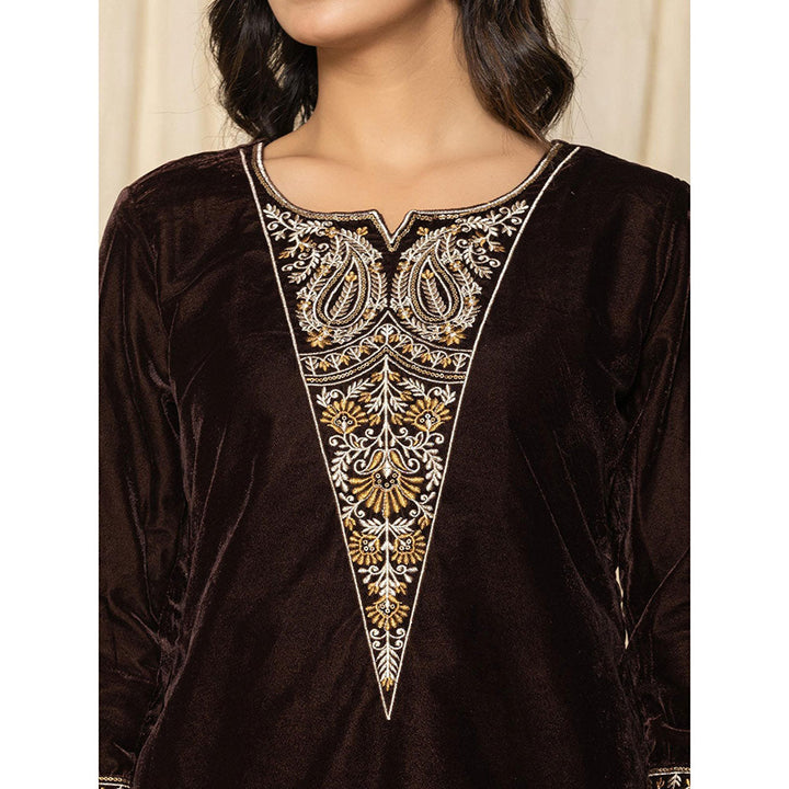 Yufta Coffee Brown Velvet Embellished Kurta and Pant (Set of 2)