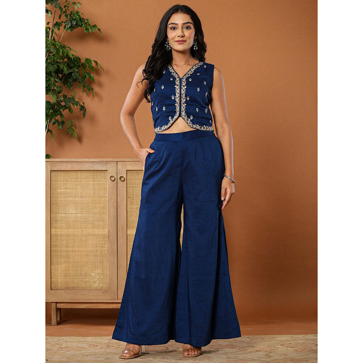 Yufta Embroidered Blue Waistcoat Co - Ord with Attached Lining (Set of 2)