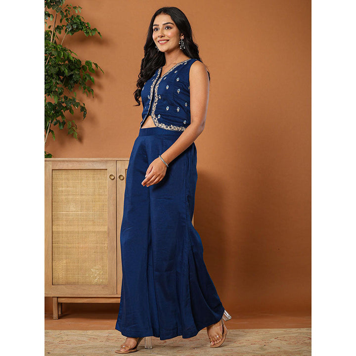 Yufta Embroidered Blue Waistcoat Co - Ord with Attached Lining (Set of 2)