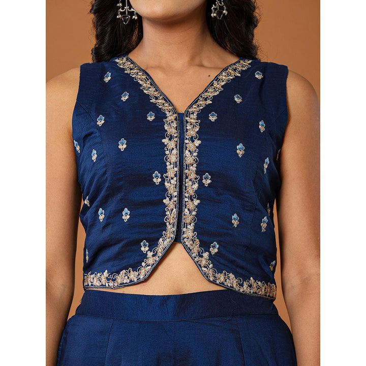 Yufta Embroidered Blue Waistcoat Co - Ord with Attached Lining (Set of 2)