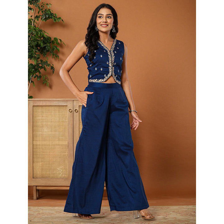 Yufta Embroidered Blue Waistcoat Co - Ord with Attached Lining (Set of 2)