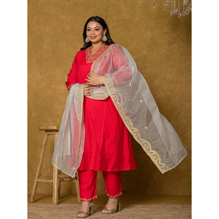 Yufta Red Silk Embroidered Kurta and Pant with Dupatta (Set of 3)