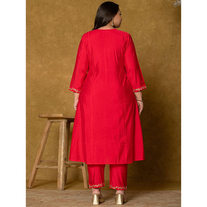 Yufta Red Silk Embroidered Kurta and Pant with Dupatta (Set of 3)