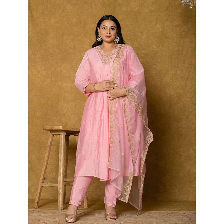 Yufta Pink Silk Embroidered Kurta and Pant with Dupatta (Set of 3)