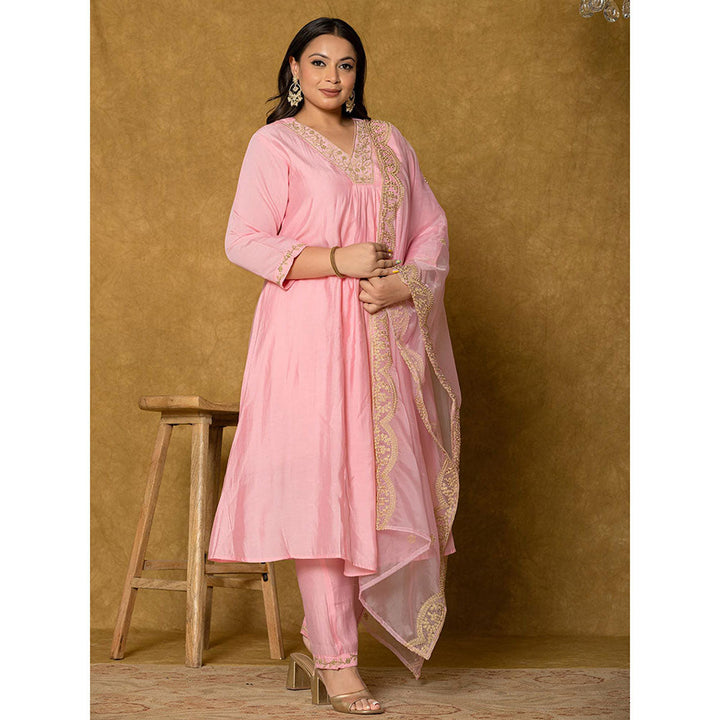 Yufta Pink Silk Embroidered Kurta and Pant with Dupatta (Set of 3)