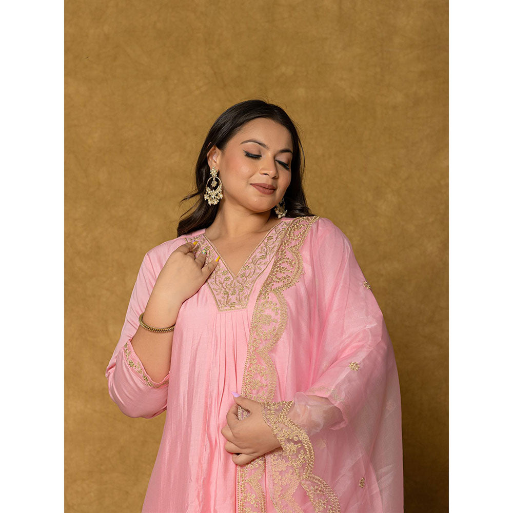 Yufta Pink Silk Embroidered Kurta and Pant with Dupatta (Set of 3)