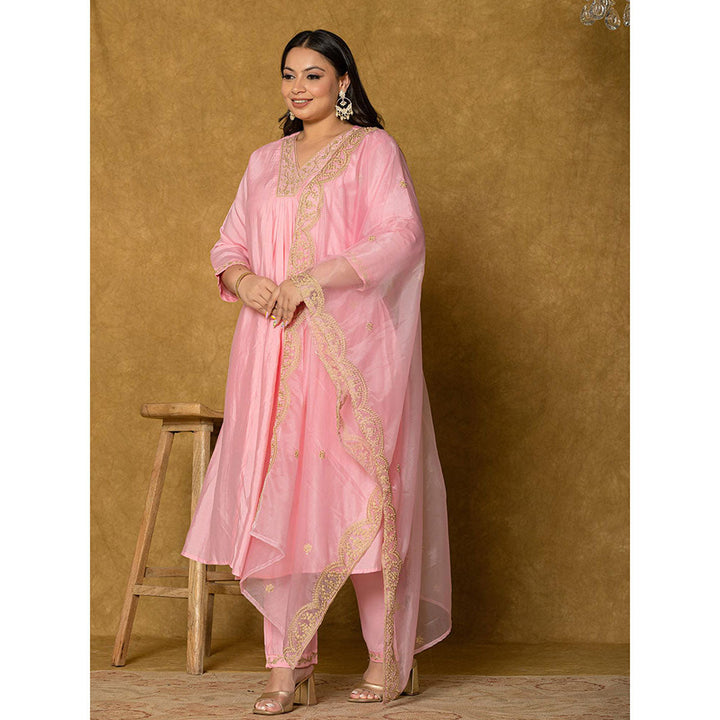 Yufta Pink Silk Embroidered Kurta and Pant with Dupatta (Set of 3)