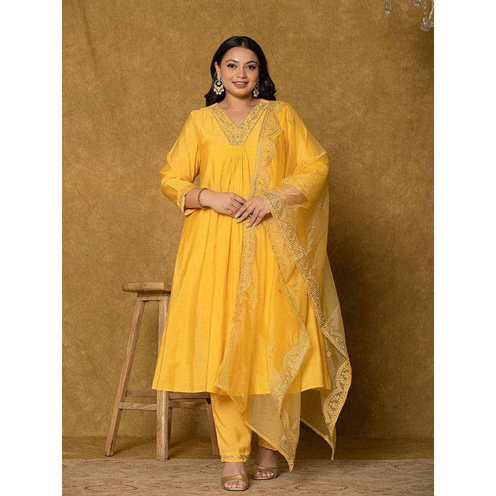 Yufta Yellow Silk Embroidered Kurta and Pant with Dupatta (Set of 3)