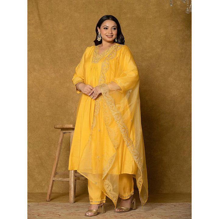 Yufta Yellow Silk Embroidered Kurta and Pant with Dupatta (Set of 3)