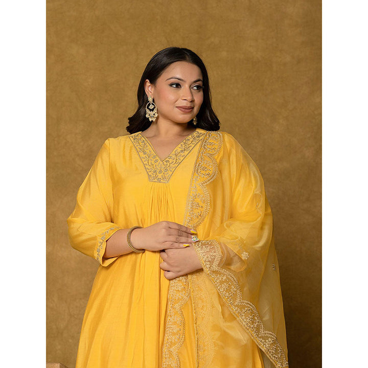 Yufta Yellow Silk Embroidered Kurta and Pant with Dupatta (Set of 3)